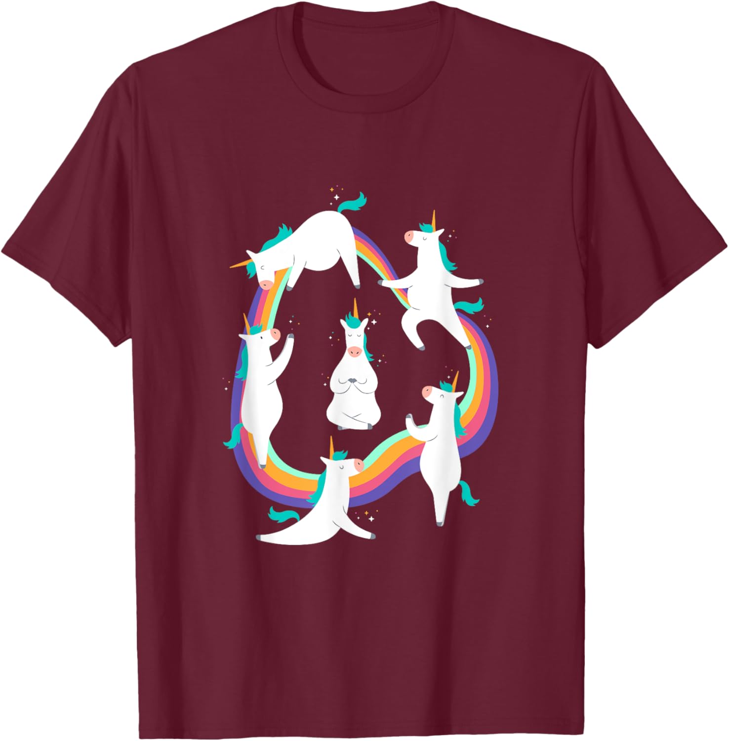 Unicorn Yoga Poses Colorful Cute and Funny Rainbow Yoga Pink T-Shirt - T-Shirt | Maroon