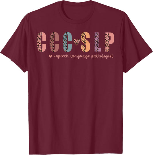 Retro Leopard CCC SLP Speech Language Pathologist SLPA T-Shirt - T-Shirt | Maroon