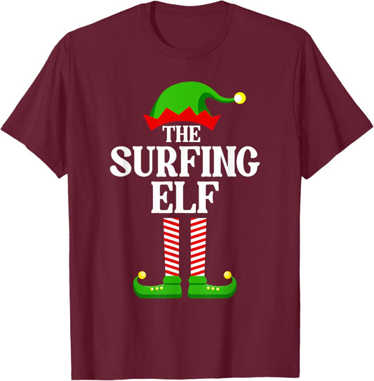 Surfing Elf Family Matching Group Funny Christmas T-Shirt - T-Shirt | Maroon