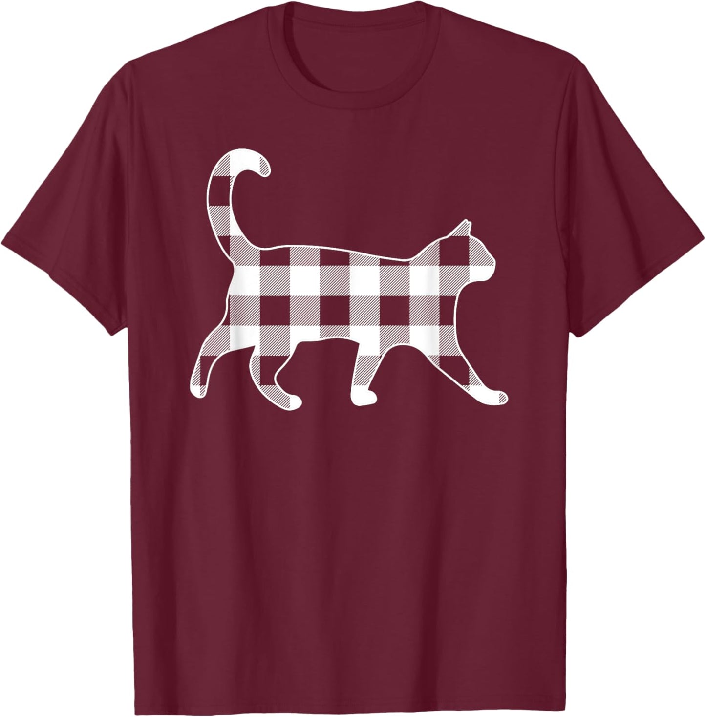 Cat Black & White Buffalo Plaid Merry Christmas T-Shirt - T-Shirt | Maroon