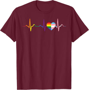 Rainbow Heartbeat Heart LGBTQ Flags Love Gay Pride Men Women T-Shirt - T-Shirt | Maroon