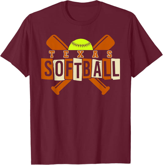 Texas Softball Vintage Kids Team Retro Softball Fan T-Shirt - T-Shirt | Maroon