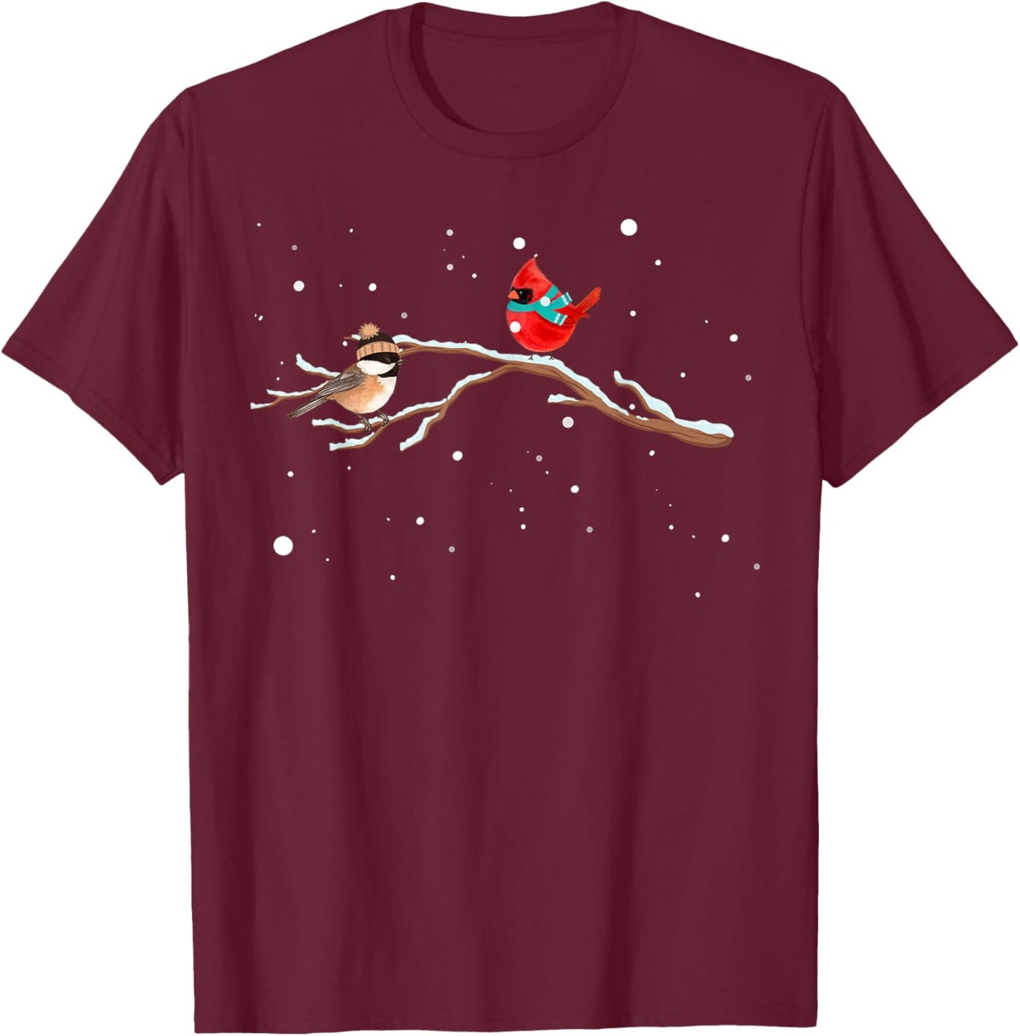 Chickadee & Cardinal Birds Winter Snow T-Shirt - T-Shirt | Maroon