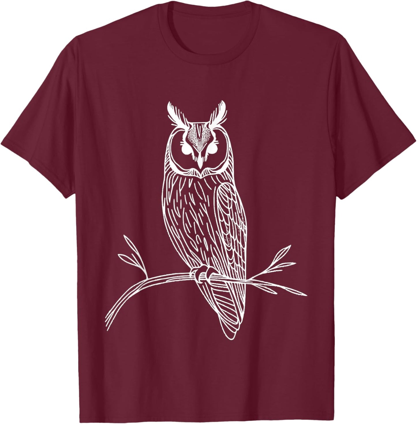 Line Art Bird & Ornithologist Long-Eared Owl T-Shirt - T-Shirt | Maroon