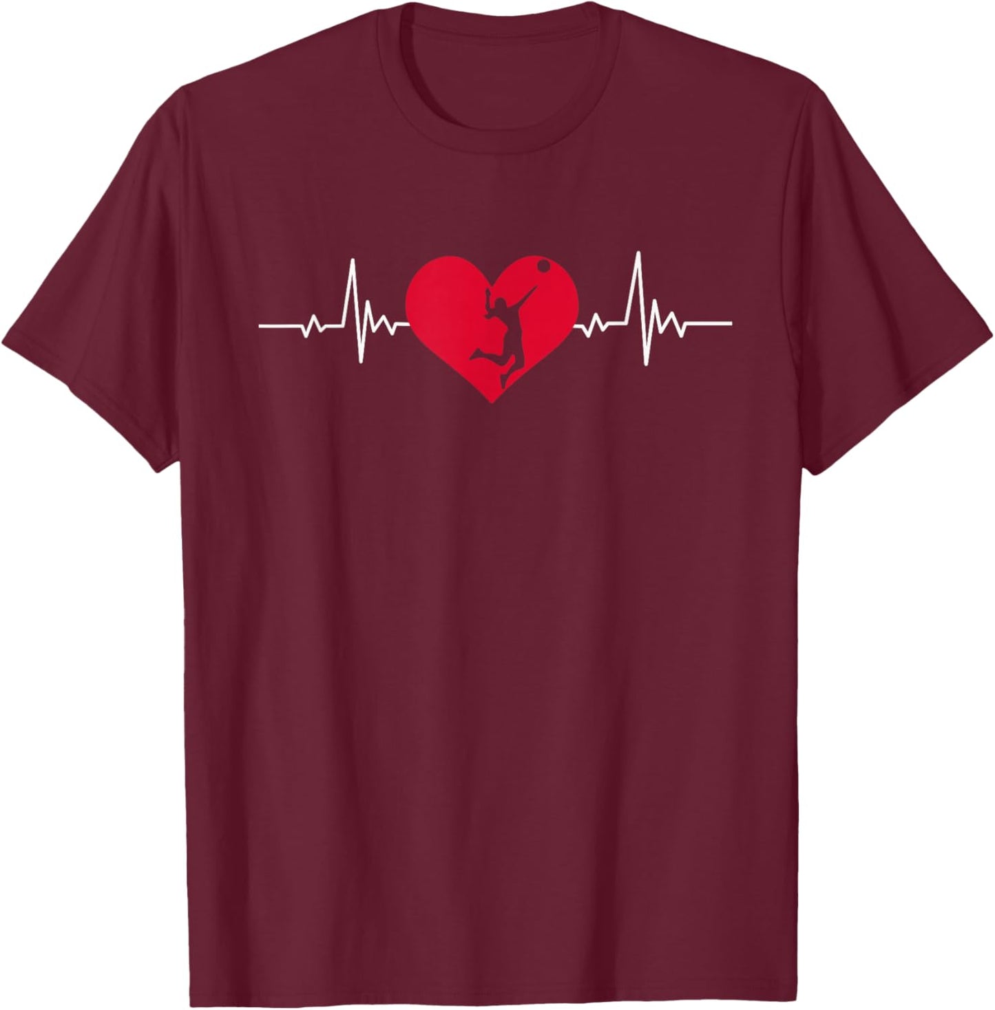 I Love Volleyball Red Heart Silhouette Cute T-Shirt - T-Shirt | Maroon
