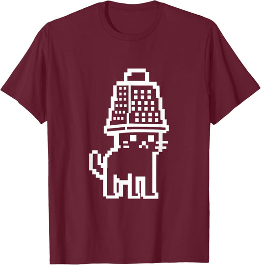 Cute Pixel Cat with Cheese Grater Illustration T-Shirt - T-Shirt | Maroon