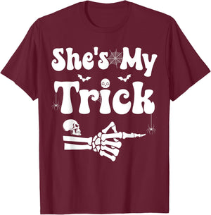 She's My Trick Skeleton Couples Matching Couple Halloween T-Shirt - T-Shirt | Maroon