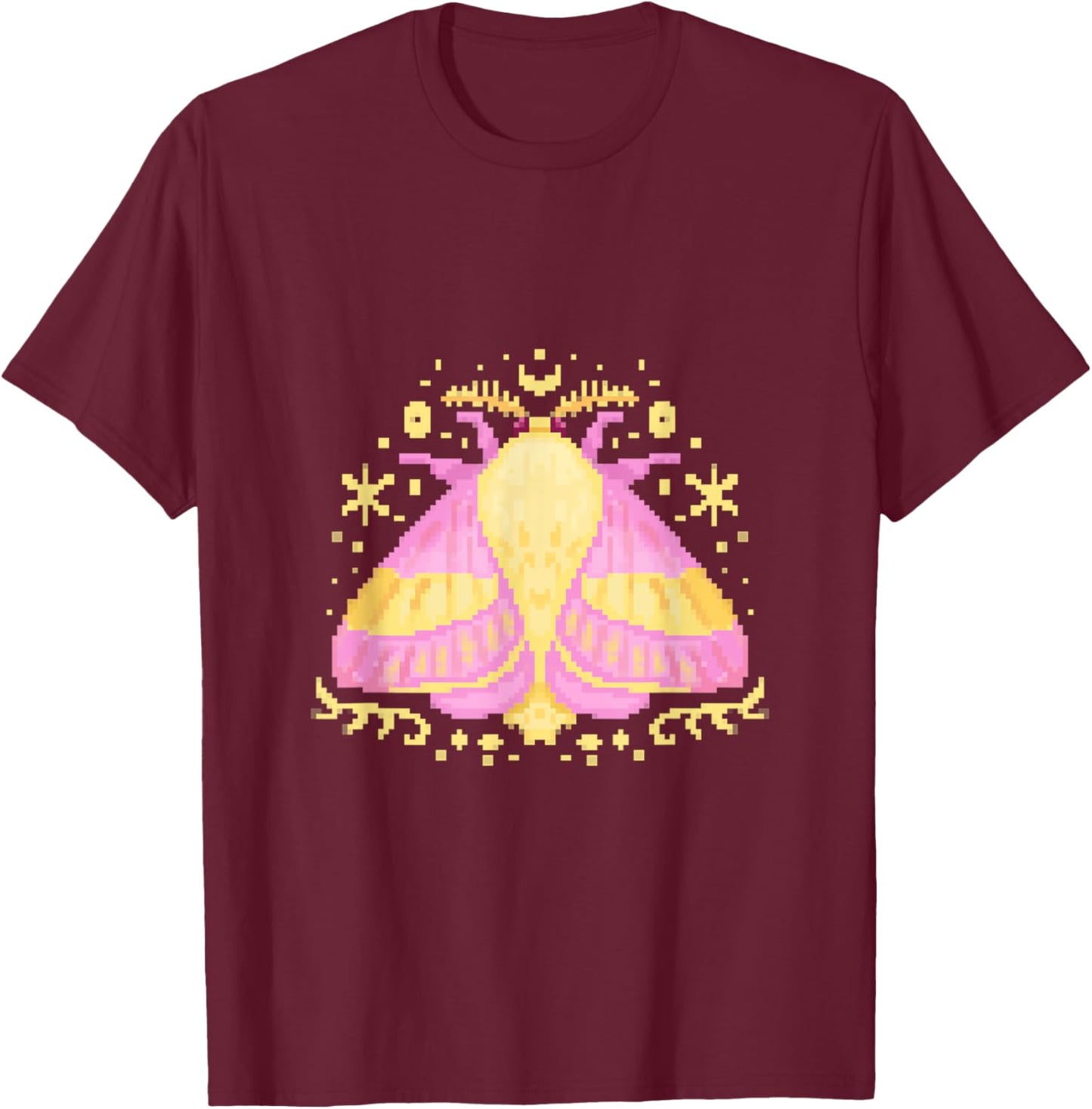 Rosy Pink Yellow Maple Moth Bug Butterfly PixelArt T-Shirt - T-Shirt | Maroon