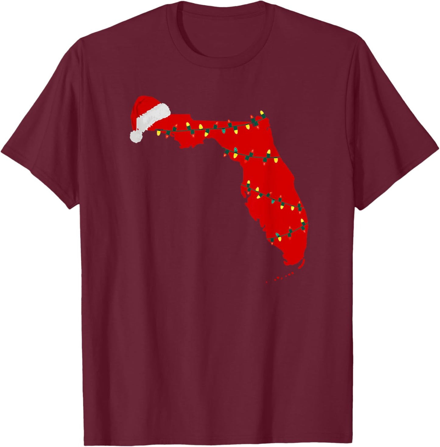 Florida Christmas State Map Lights Santa Hat Tropical Xmas T-Shirt - T-Shirt | Maroon