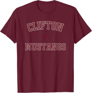 Clifton Mustangs Logo Varsity HS T-Shirt - T-Shirt | Maroon