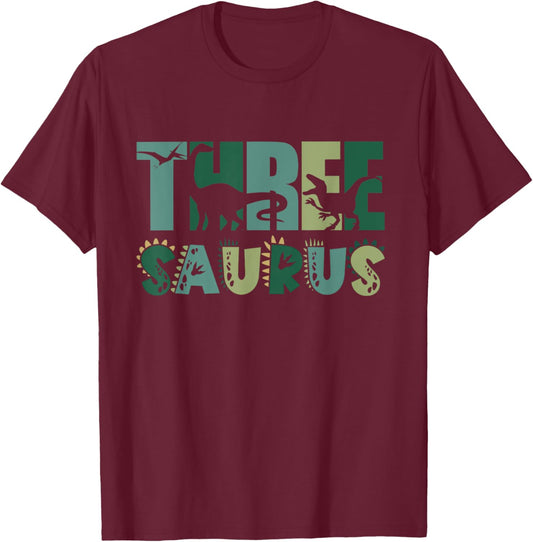 Three Saurus 3rd Birthday Dinosaur Boy Toddler Kids T-Shirt - T-Shirt | Maroon