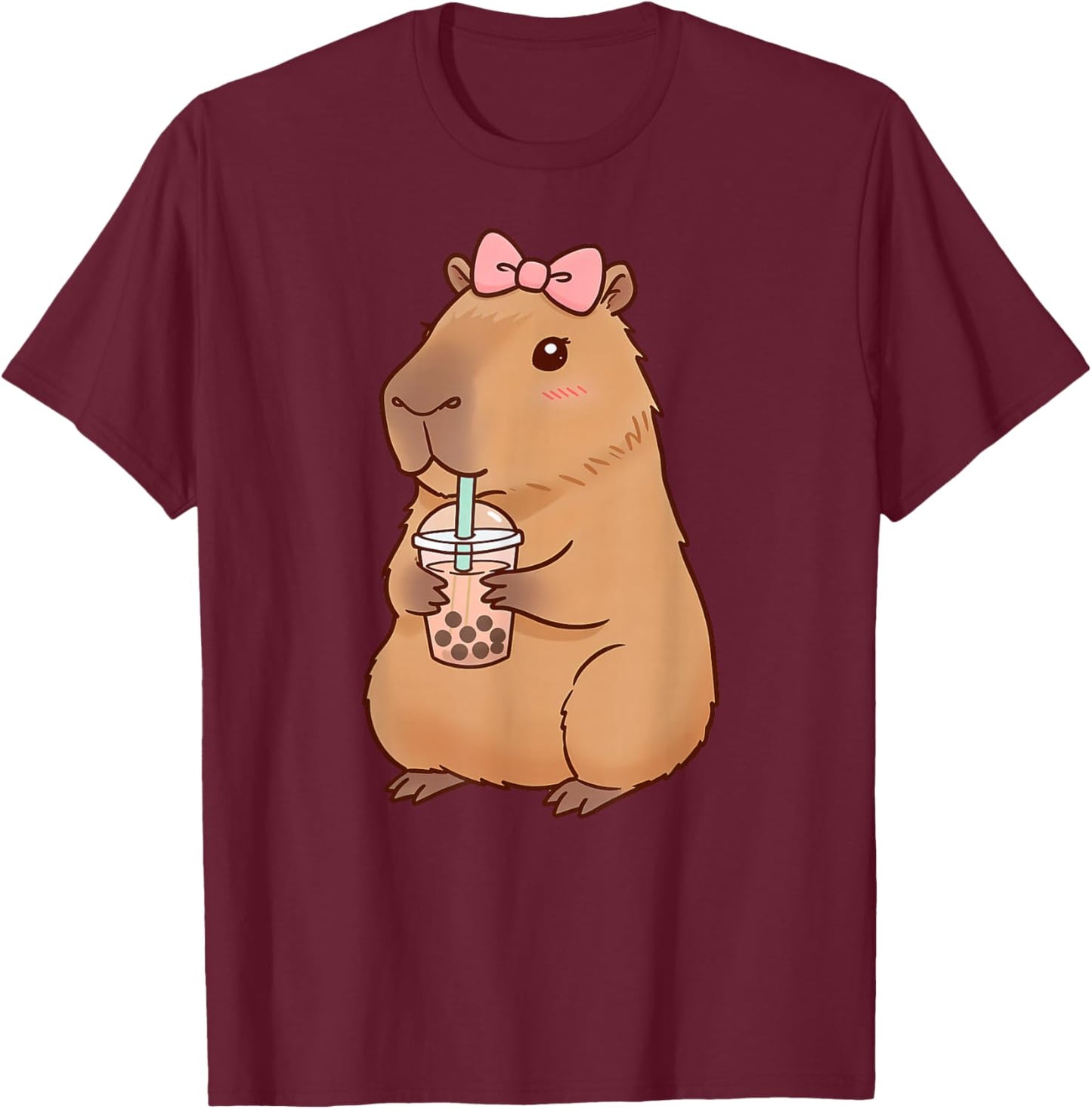 Kawaii Anime Capybara Drinking Boba Bubble Tea Kids Girls T-Shirt - T-Shirt | Maroon