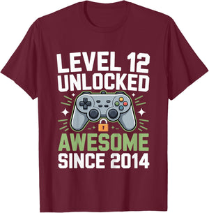 Kids Level 12 Unlocked Since 2014 Gamer 12th Birthday T-Shirt - T-Shirt | Maroon
