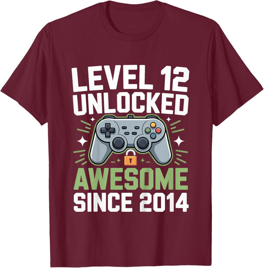 Kids Level 12 Unlocked Since 2014 Gamer 12th Birthday T-Shirt - T-Shirt | Maroon