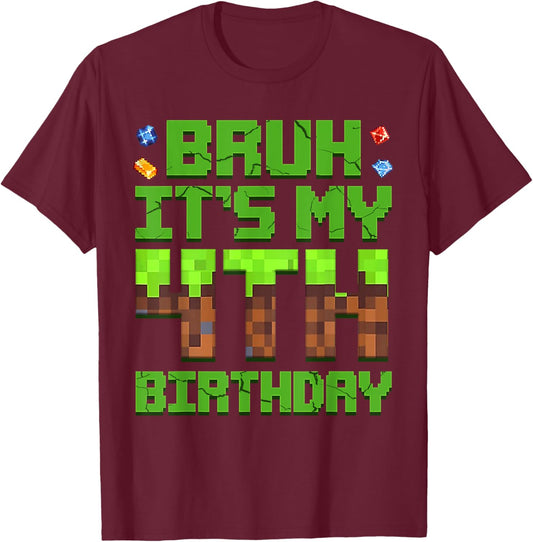 Boy Kids Bruh It's My 4th Birthday Birthday Boy Game Pixel T-Shirt - T-Shirt | Maroon