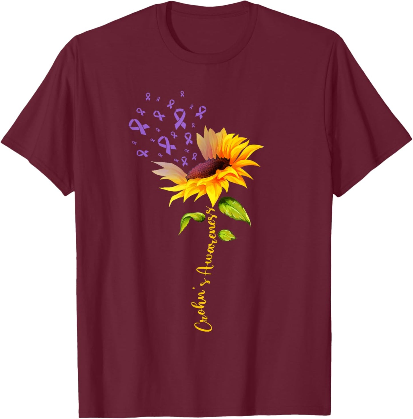 Sunflower Crohns Disease Purple Ribbon Crohn's Awareness T-Shirt - T-Shirt | Maroon