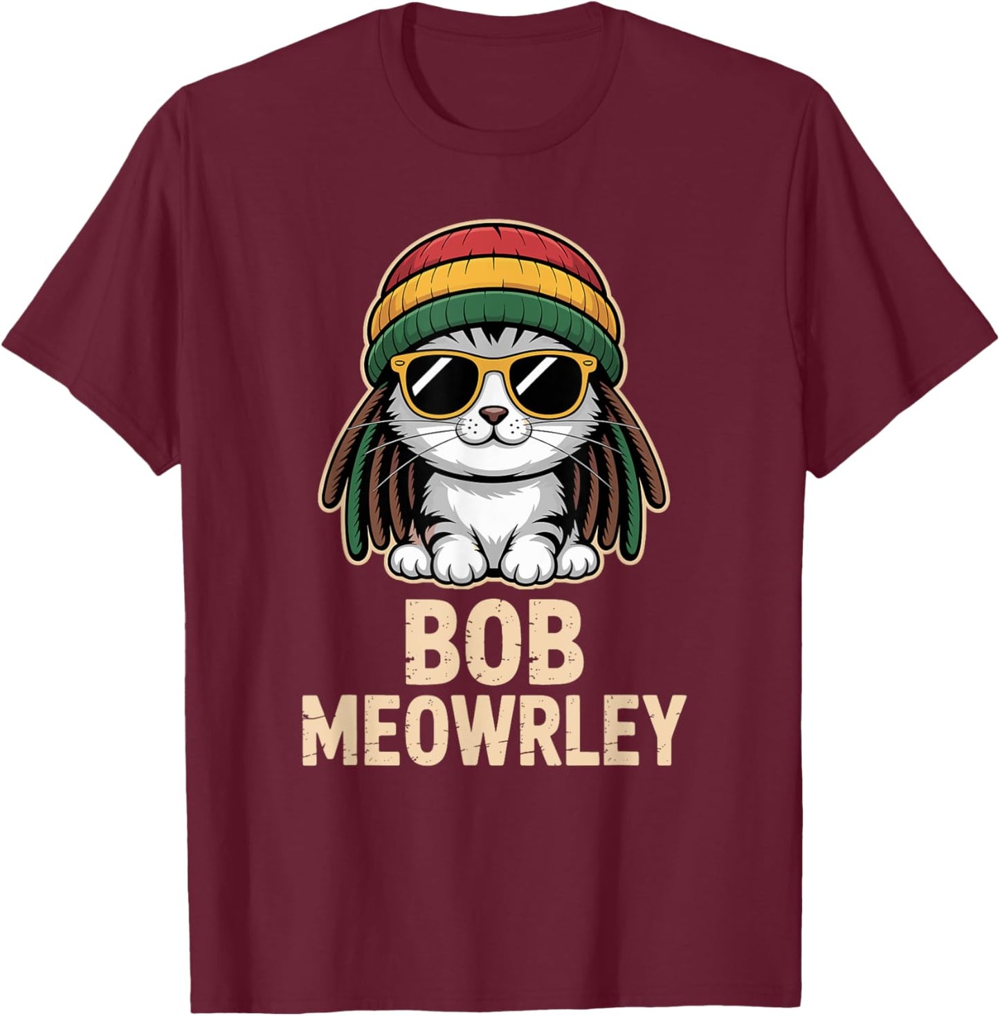 Rasta Bob Meowrley Rastafarian Cat Reggae T-Shirt - T-Shirt | Maroon