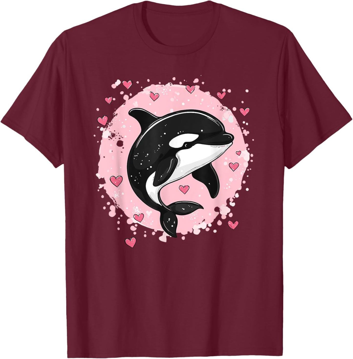 Orque entourée de cœurs et d'éclaboussures roses T-Shirt - T-Shirt | Maroon