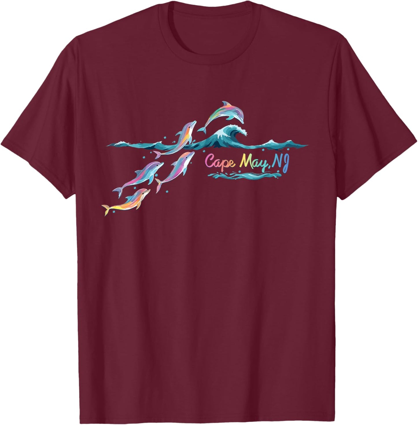 Cape May NJ Colorful Dolphin Lover Beach Vacation T-Shirt - T-Shirt | Maroon