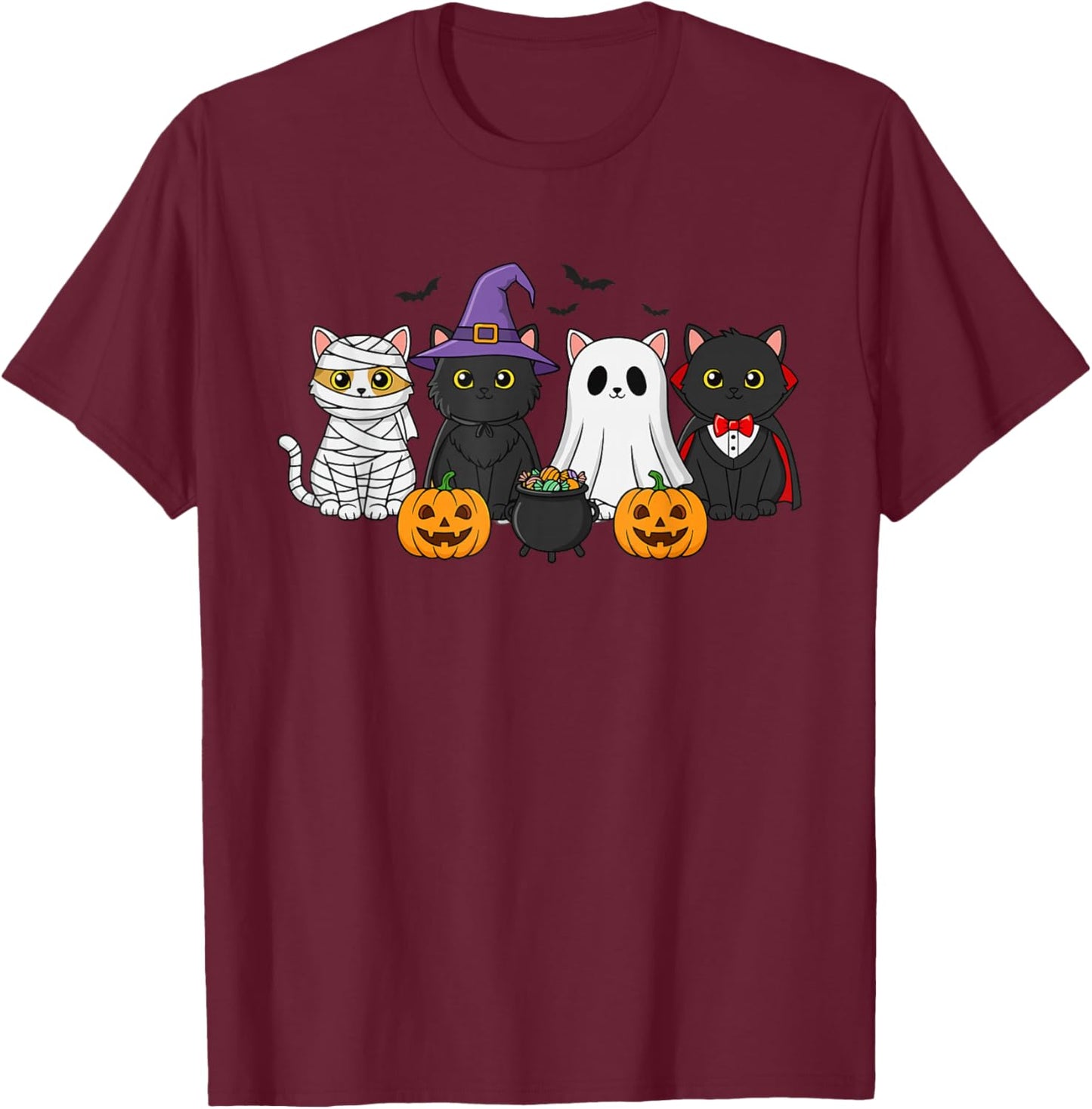 Mummy Witch Ghost Vampire Costume Group of Cats Halloween T-Shirt - T-Shirt | Maroon