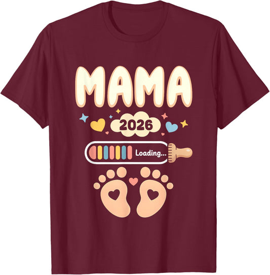 Mama 2026 Loading Stolze Bald Mama Baby Reveal Familie 2026 T-Shirt - T-Shirt | Maroon