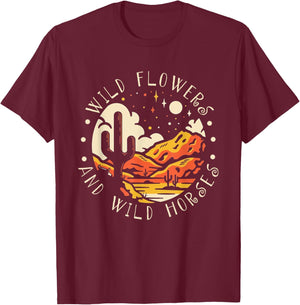 WildFlowers And Wild Horses Mountains Deserts West Cactus T-Shirt - T-Shirt | Maroon