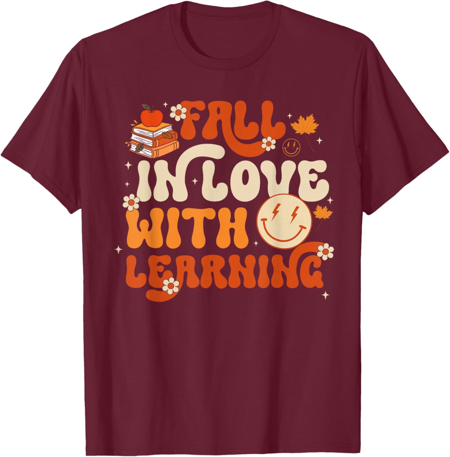 Fall in Love with Learning Autum Thanksgiving Teacher Kids T-Shirt - T-Shirt | Maroon