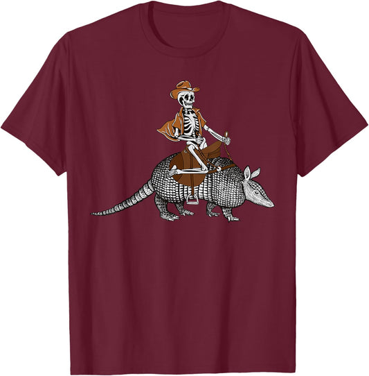 Vintage Cowboy Skeleton Riding Armadillo Western Style T-Shirt - T-Shirt | Maroon
