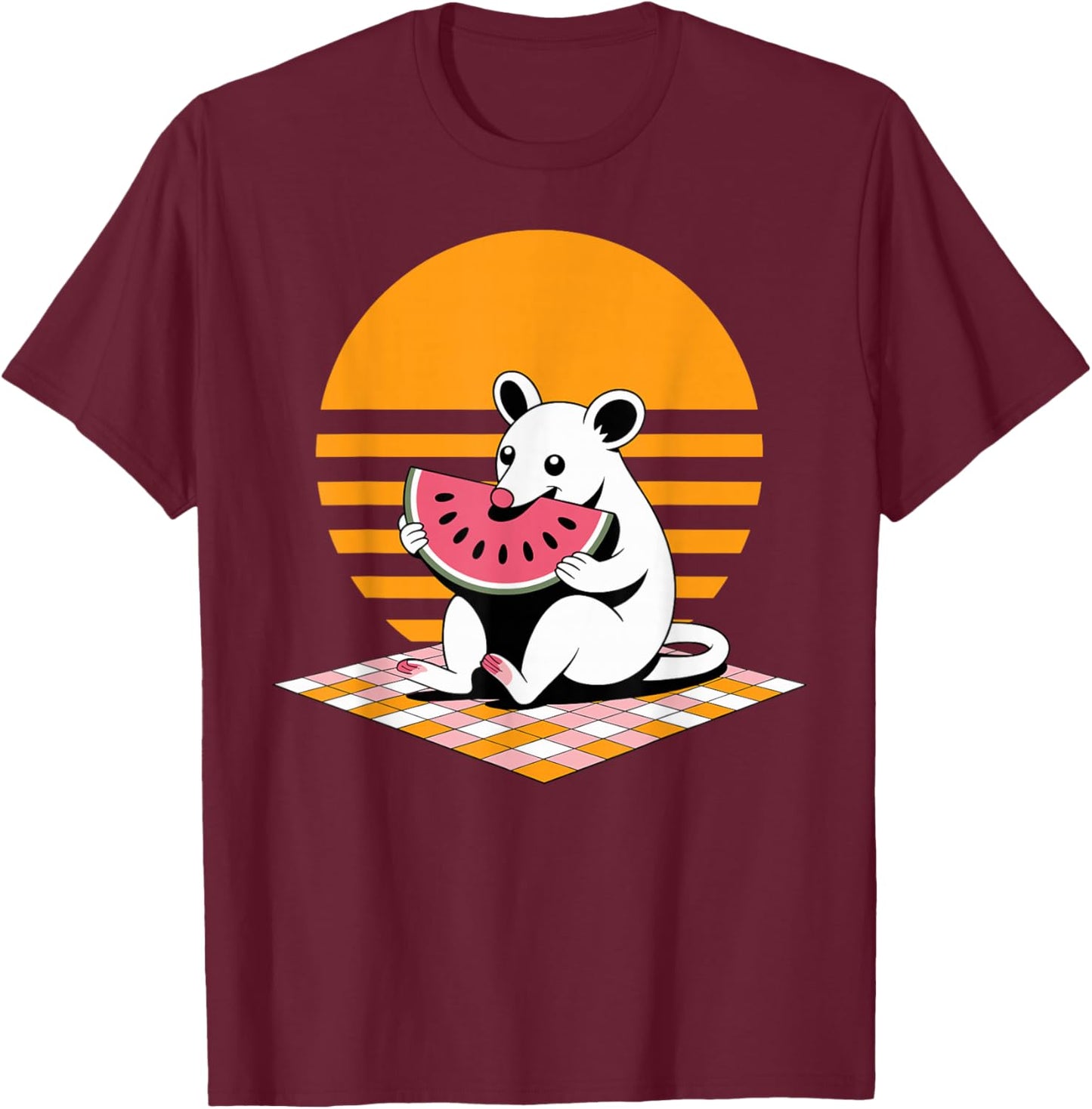 Funny Possum Eating Watermelon Retro Sunset Picnic T-Shirt - T-Shirt | Maroon