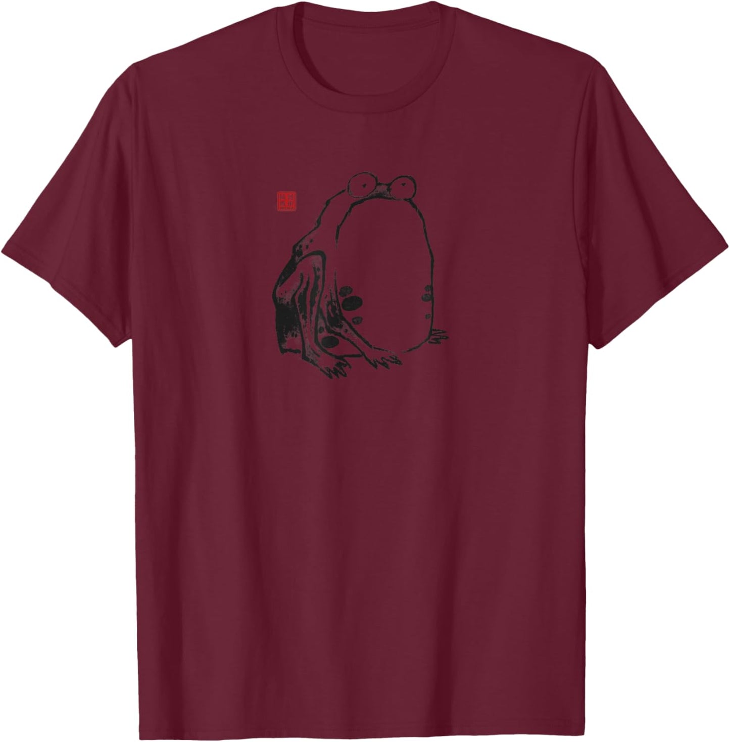Funny Grumpy Frog Meme Japanese Sumi-e Vintage Art T-Shirt - T-Shirt | Maroon
