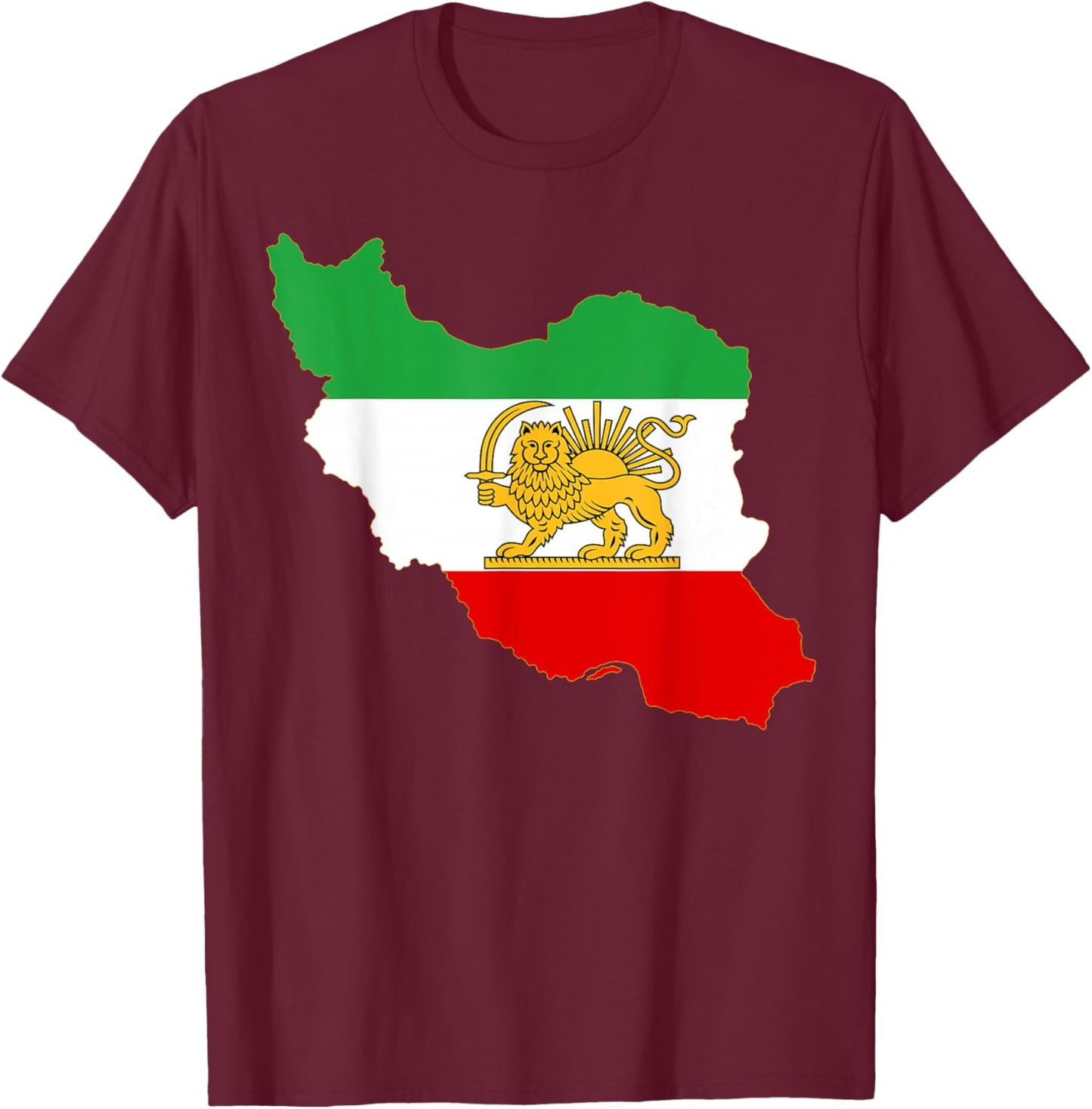 Iran Map with Lion and Sun Emblem, Persian Flag T-Shirt - T-Shirt | Maroon