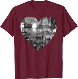 Silver Disco Ball Heart T-Shirt - T-Shirt | Maroon
