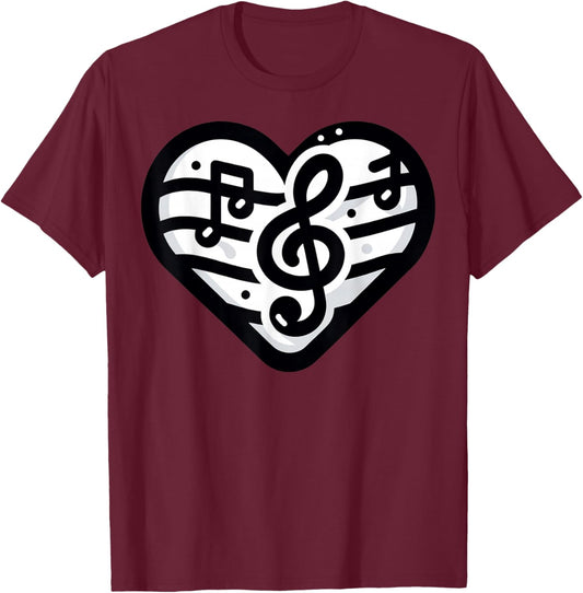 Music Notes Heart Design For Kids Love Graphics T-Shirt - T-Shirt | Maroon