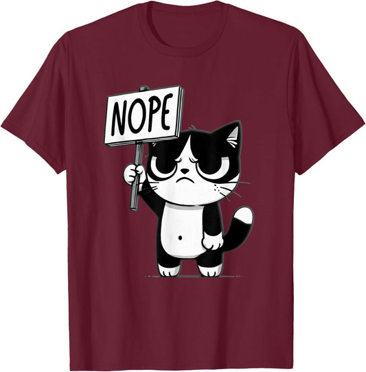 Funny Cat Nope, Grumpy Face Cat, Sarcastic Kids Mom Dad T-Shirt - T-Shirt | Maroon