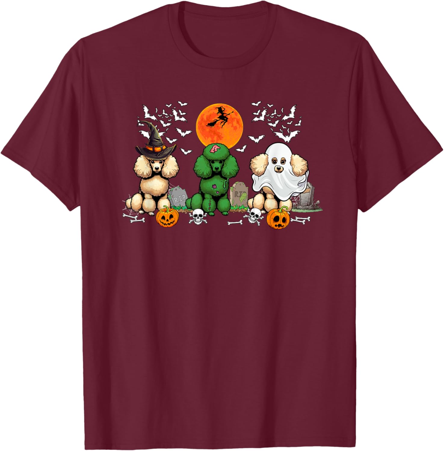 Three Halloween Poodles Cosplay Witch Zombie Boo Lover T-Shirt - T-Shirt | Maroon