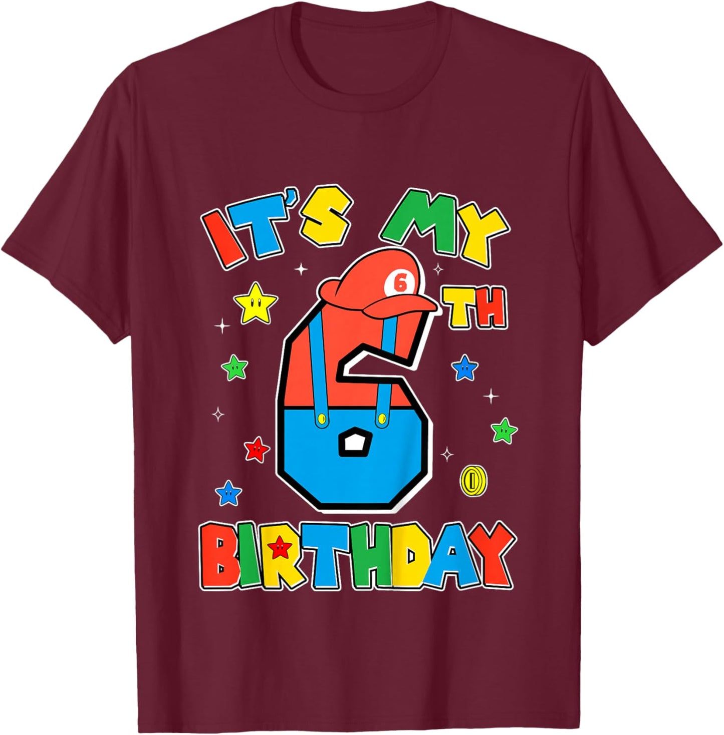Kids 6th Birthday Boy Super Gamer Gaming Theme B-day Party Boys T-Shirt - T-Shirt | Maroon