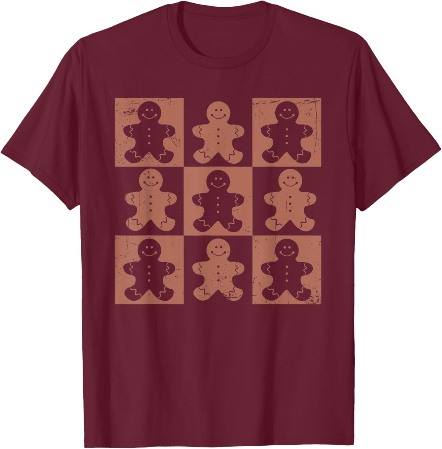 Vintage Christmas Gifts Women Men Gingerbread Retro Checkered Gingerbread Man Distressed Christmas Pajamas T-Shirt - T-Shirt | Maroon