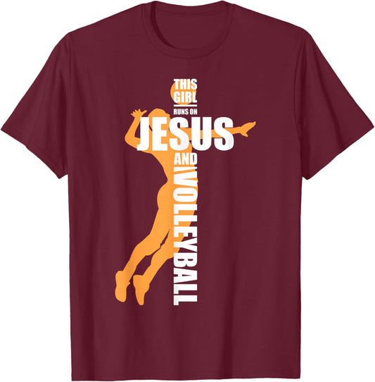 This Girl Runs On Jesus and Volleyball T-Shirt - T-Shirt | Maroon