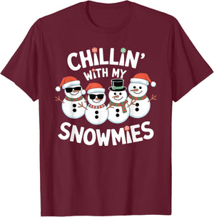 Chillin’ With My Snowmies Funny Christmas Snowman T-Shirt - T-Shirt | Maroon