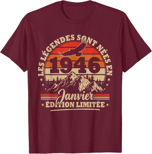 Vintage Birthday 80 Years Gift Born in January 1946 T-Shirt - T-Shirt | Maroon