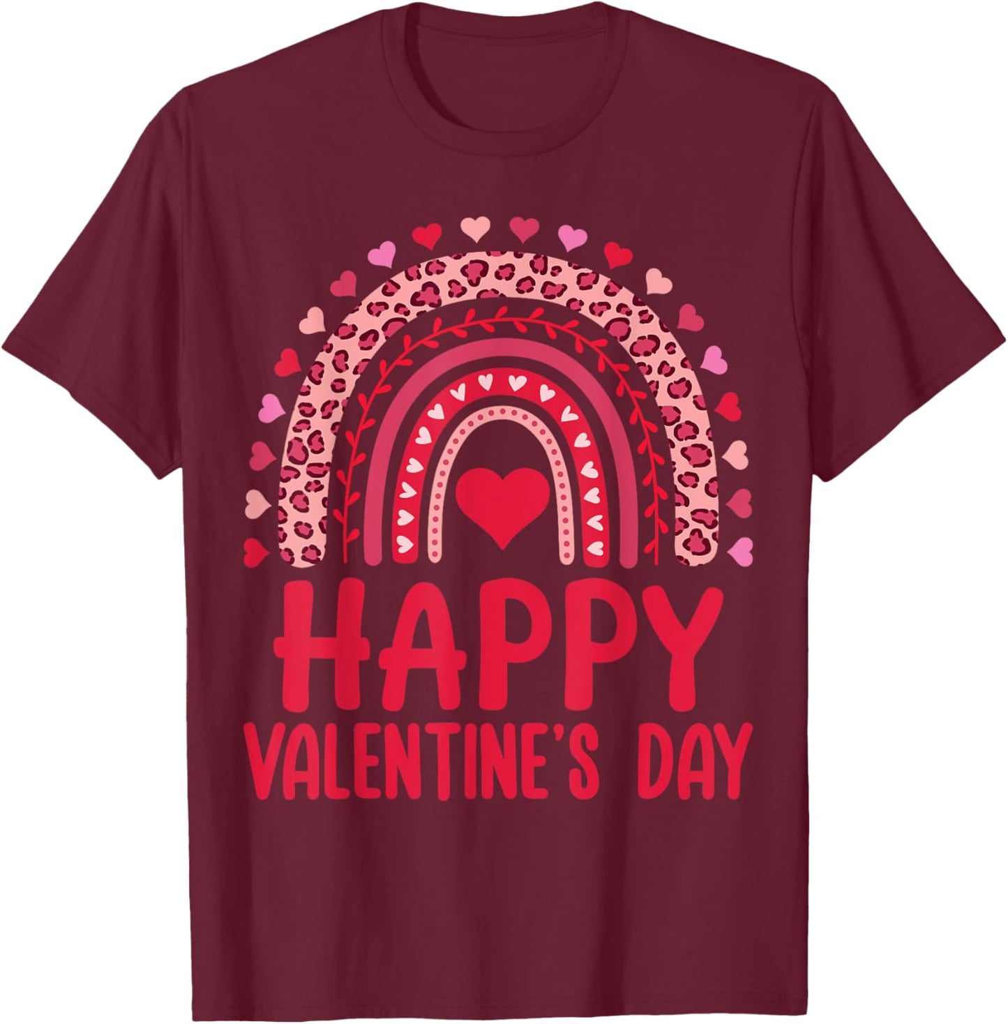 Happy Valentines Day Red Hearts Rainbow Leopard Women Girls T-Shirt - T-Shirt | Maroon