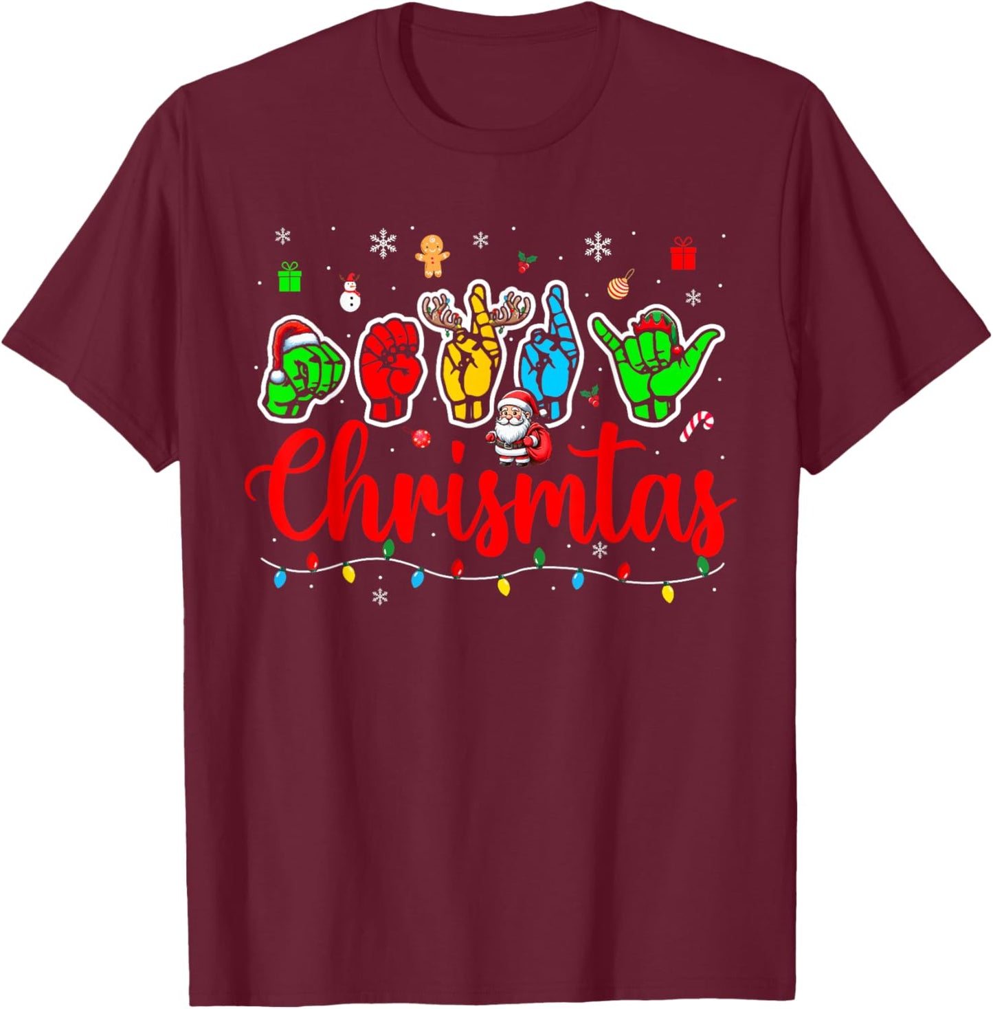 Merry Christmas ASL Hand Sign Language Colorful Santa Lover T-Shirt - T-Shirt | Maroon