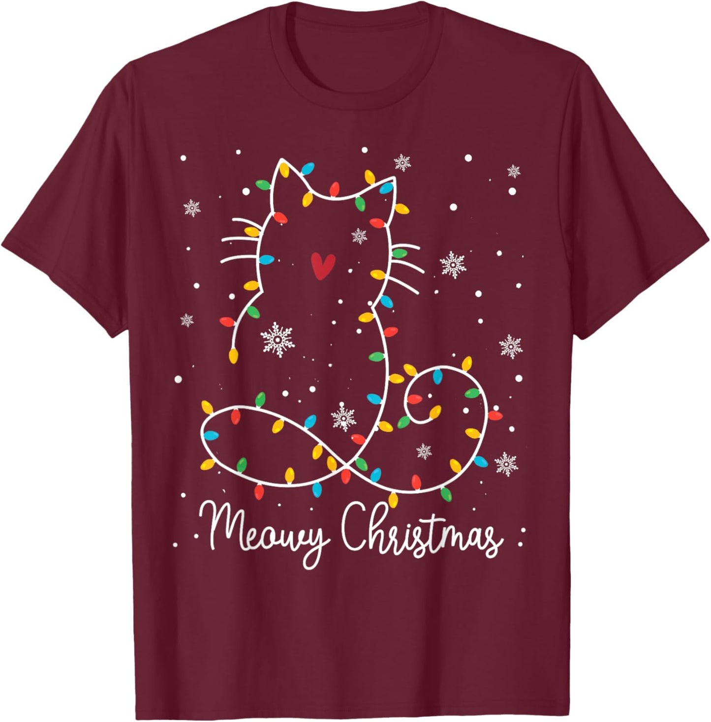 Cute Cat Meowy Christmas Light Cat Lover Mom Dad Merry Xmas Men Women Kids T-Shirt - T-Shirt | Maroon