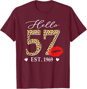 Hello 57 Fabulous Since 1969 57th Birthday Lips Leopard T-Shirt - T-Shirt | Maroon