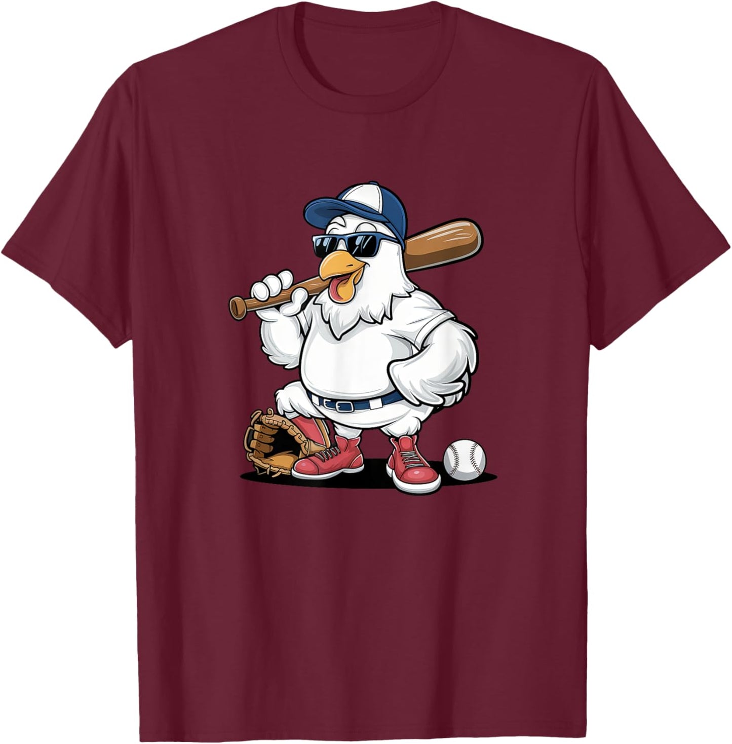 Baseball Playing Chicken Funny Sports Design T-Shirt - T-Shirt | Maroon