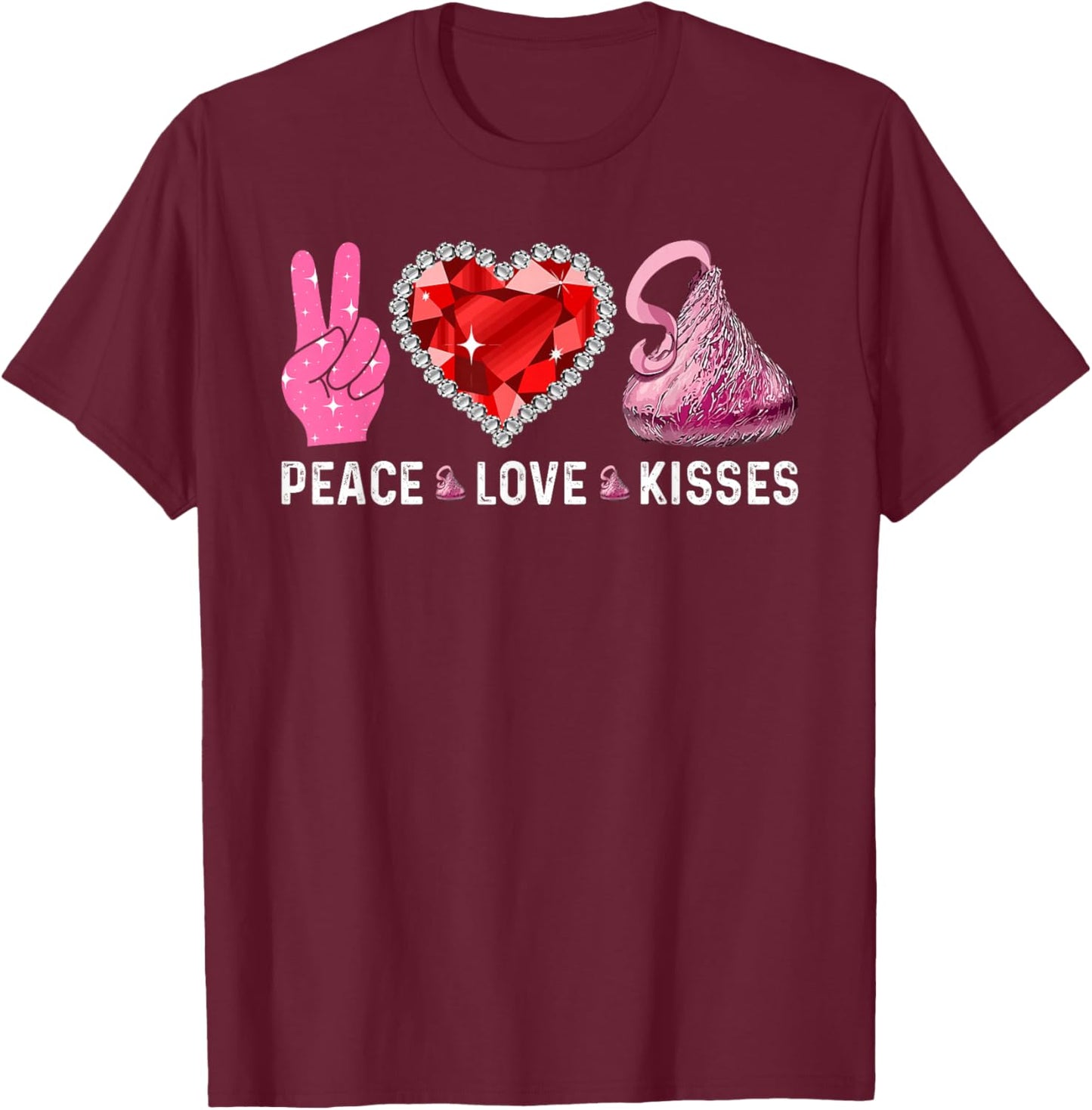 Valentines Day Peace Love Heart Chocolate Kisses Graphic T-Shirt - T-Shirt | Maroon