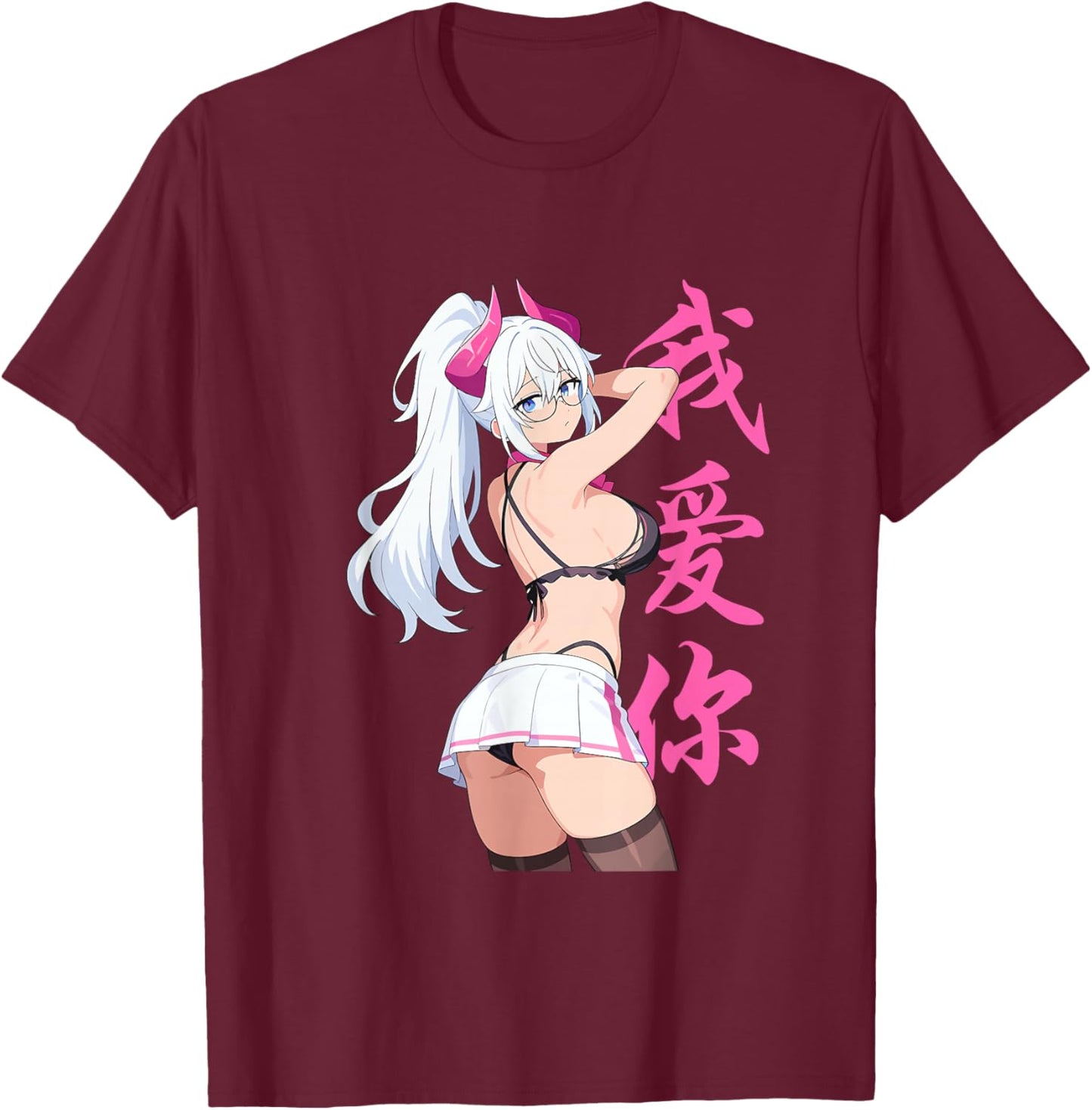 Waifu Sexy Anime Girl Horns Mini Skirt Japanese Retro Art T-Shirt - T-Shirt | Maroon