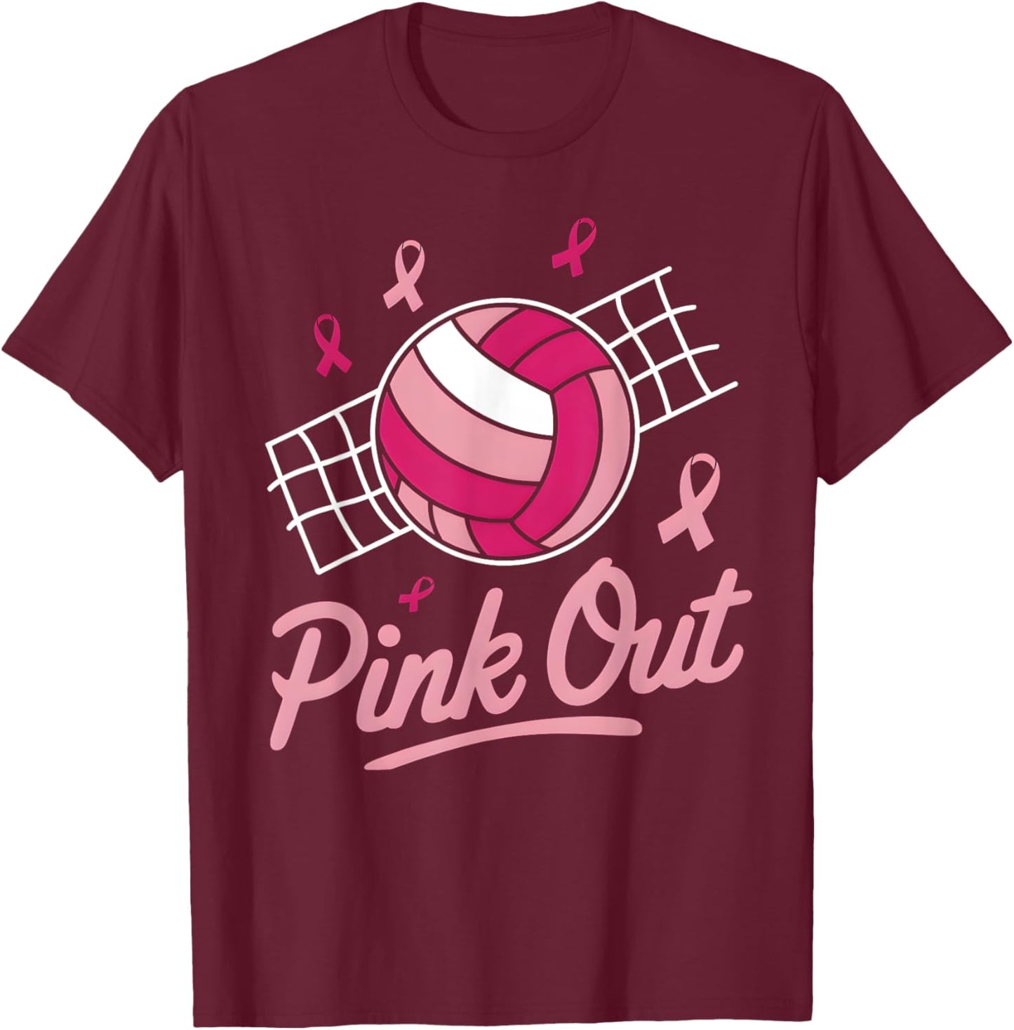 Volleyball Pink Out Breast Cancer Awareness Pink Ribbon T-Shirt - T-Shirt | Maroon