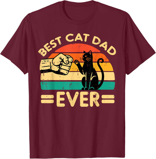 Best Cat Dad Ever Fist Bump Retro Fur Papa Fathers Day Men T-Shirt - T-Shirt | Maroon