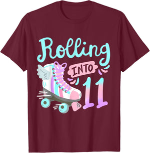 Rolling Into 11 Roller Skates Skater Girl 11th Birthday T-Shirt - T-Shirt | Maroon